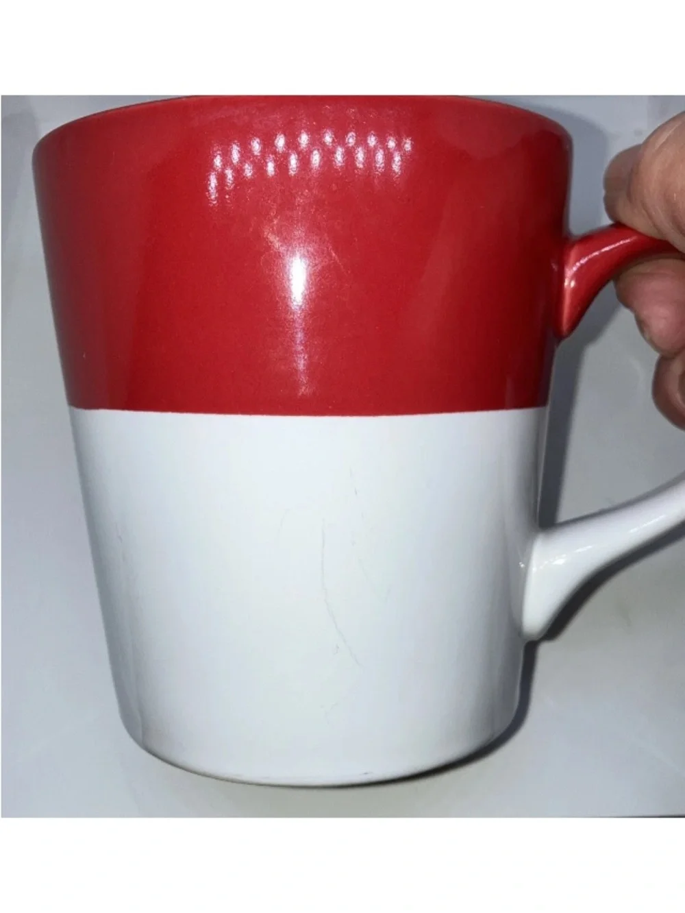SET OF 2 Crate & Barrel Ceramic Coffee Mugs Red White Dipped Glaze 14oz Holidays